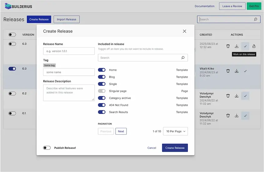 View of admin area showing Releases creation