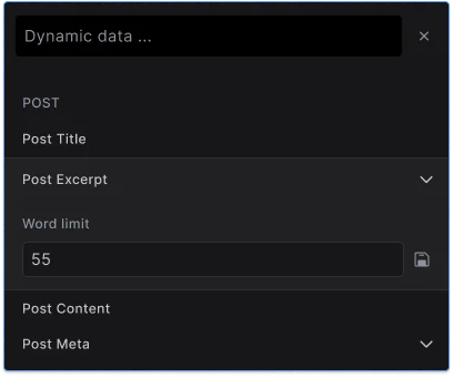 Dropdown UI element for adding dynamic data tags to the elements