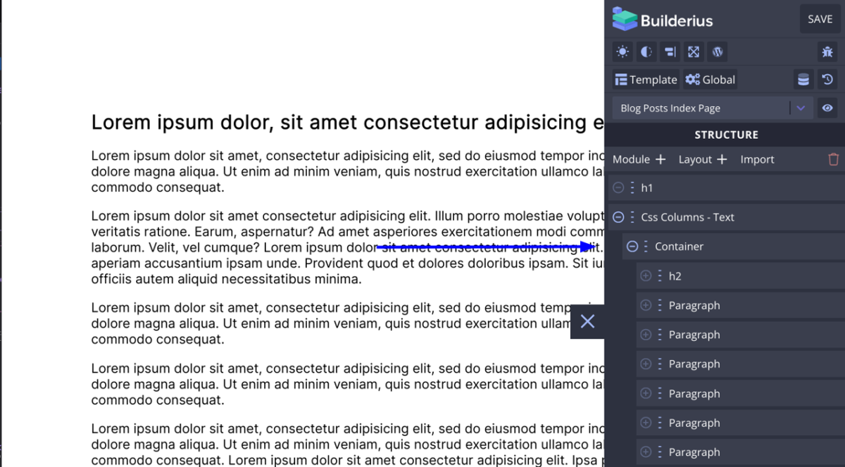A screenshot showing text content in single column and the builder UI on the right