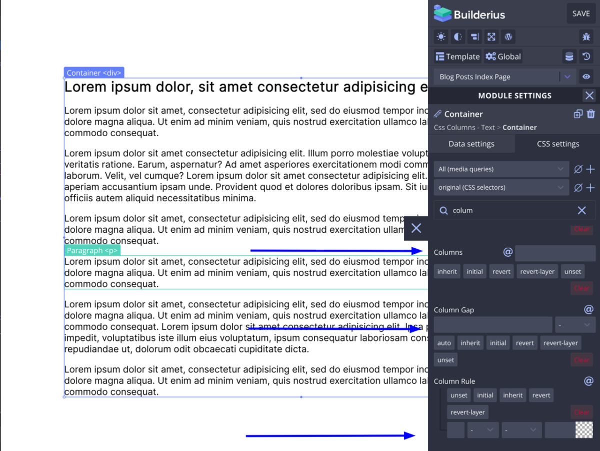 A screenshot showing text content in single column and css column related settings in the builder panel