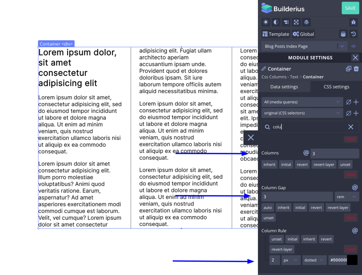 A screenshot showing text content in three column layout and the coresponding values in the column settins in the builder UI.