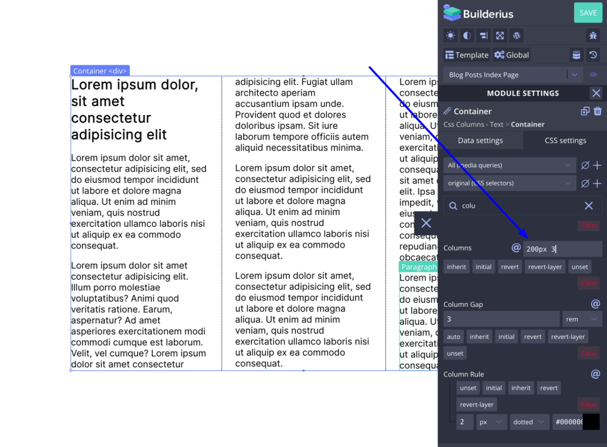 A screenshot showing text content in three column layout and the Column field value set to break to two columns if the column width drops bellow 200px.