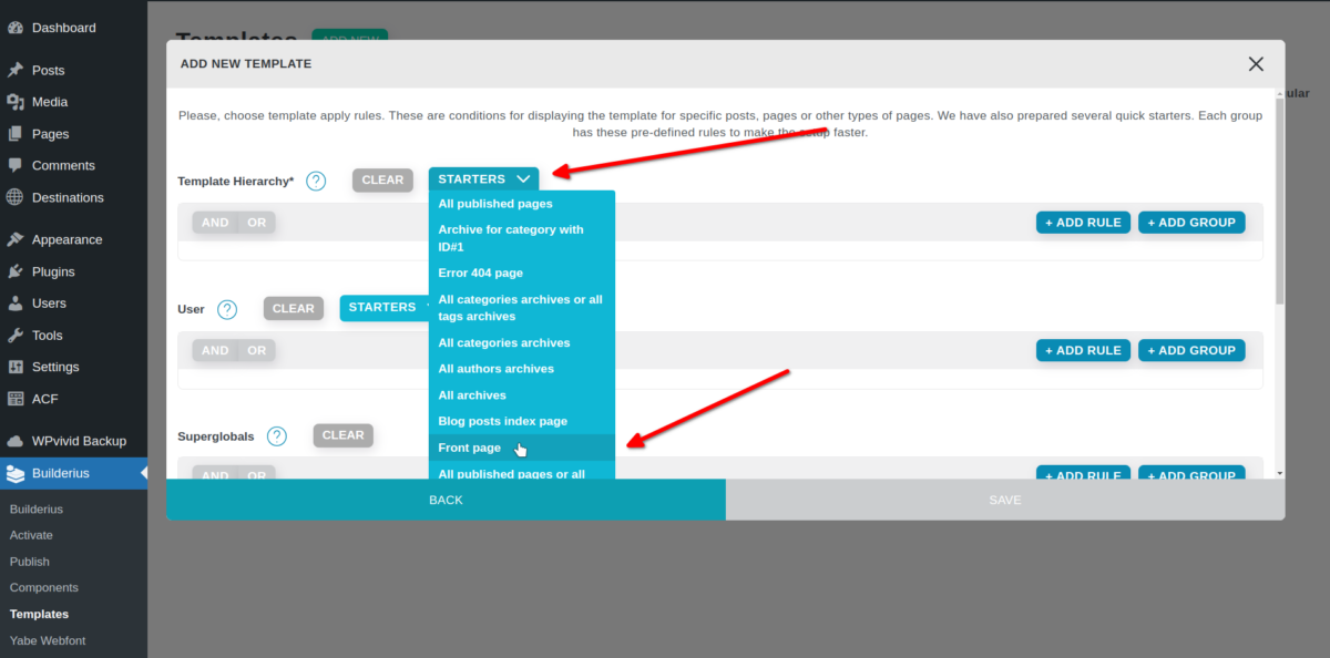Builderius apply rules modal showing dropdown with options and Front Page selected