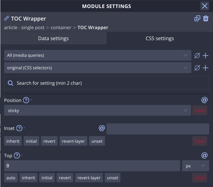 A screenshot of CSS settins showing how to set the outer wrapper to be sticky