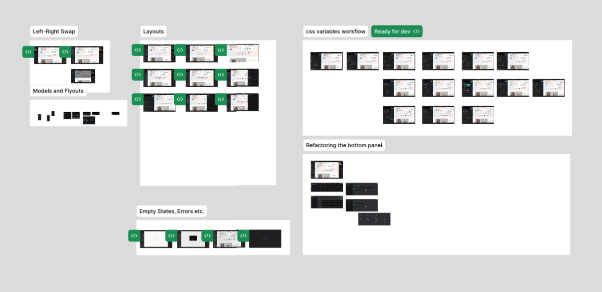 A birds eye view of the figma working design file showing various application layouts being worked on at the moment