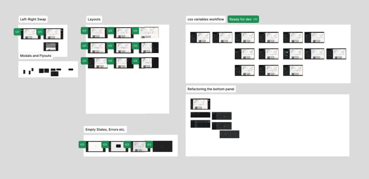 A birds eye view of our working Figma design file showing various Builderius layouts being worked on at the moment