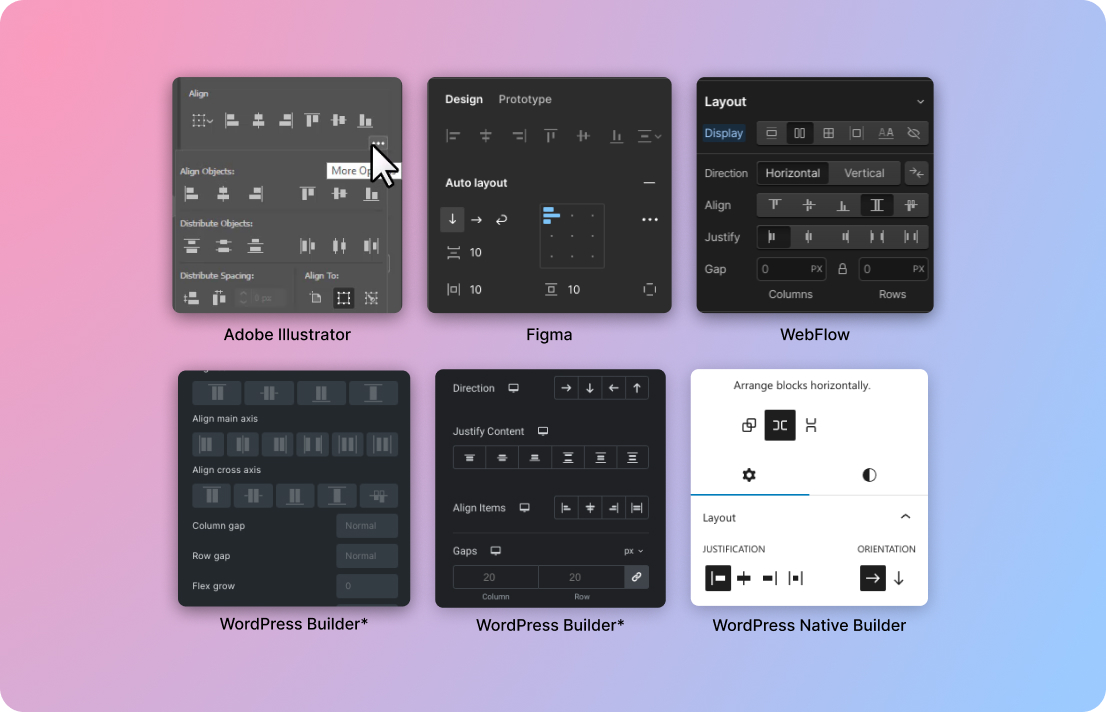 Image showing alignment panel of various design tools, including adobe, figma, webflow and wordpress solutions