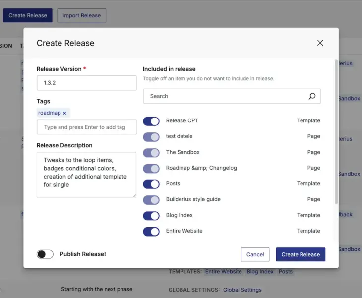 A modal window showing release creation options.
