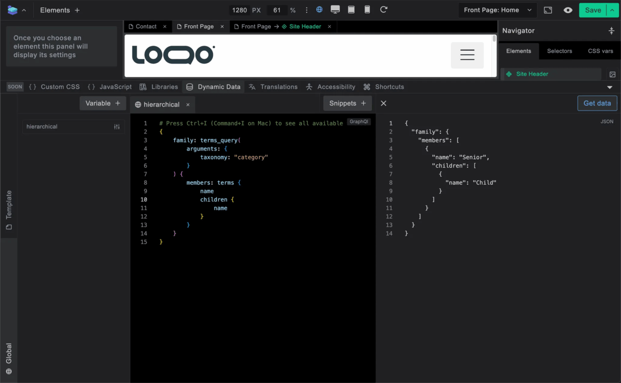 Builderius GraphQL interface showing how to create two-level hierarchical query