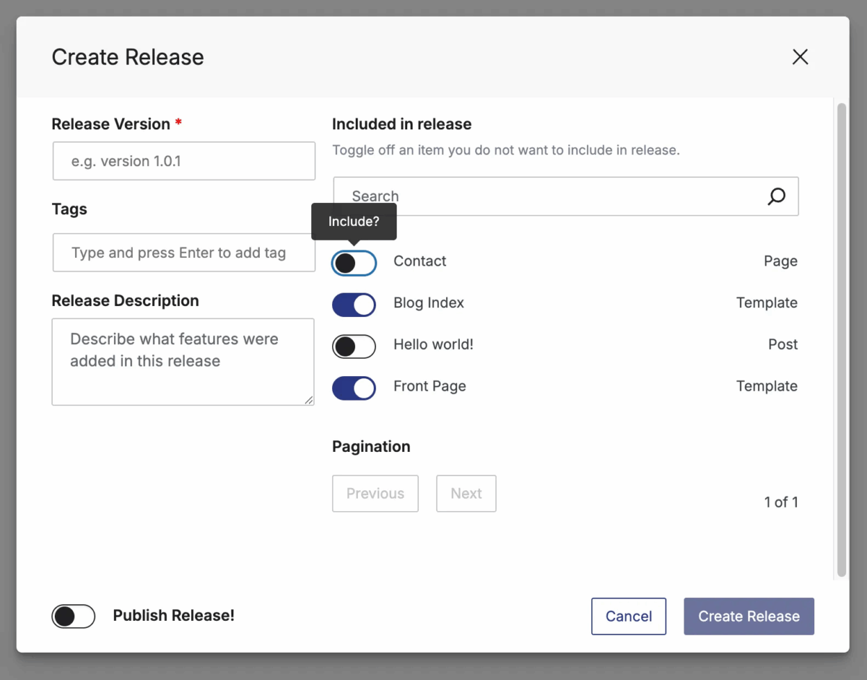 Releases settings modal showing enabled settings to select what is included in a release