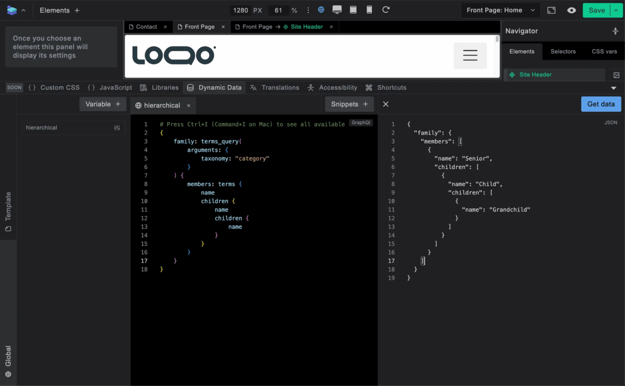 Builderius GraphQL interface showing how to create three-level hierarchical query