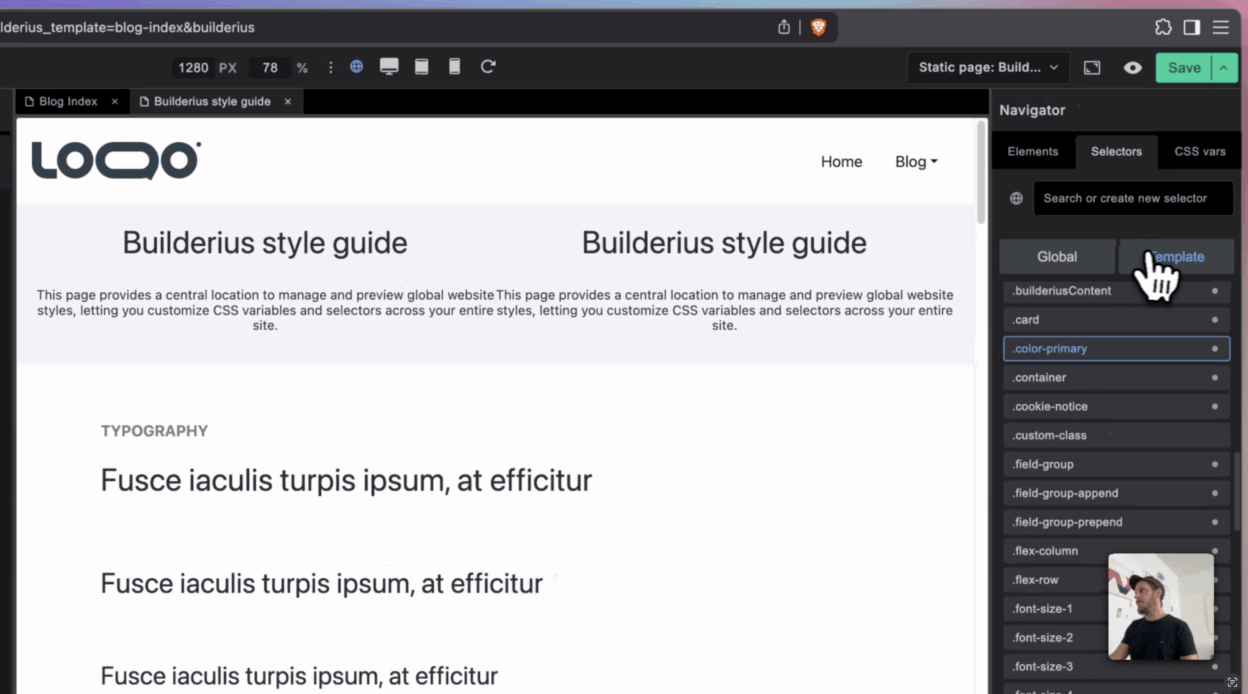 A view of CSS selectors pane, with global and template scopes