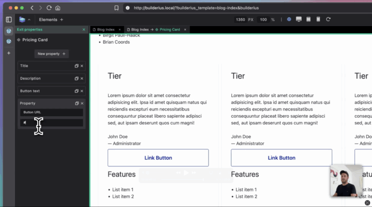A view of component properties creation