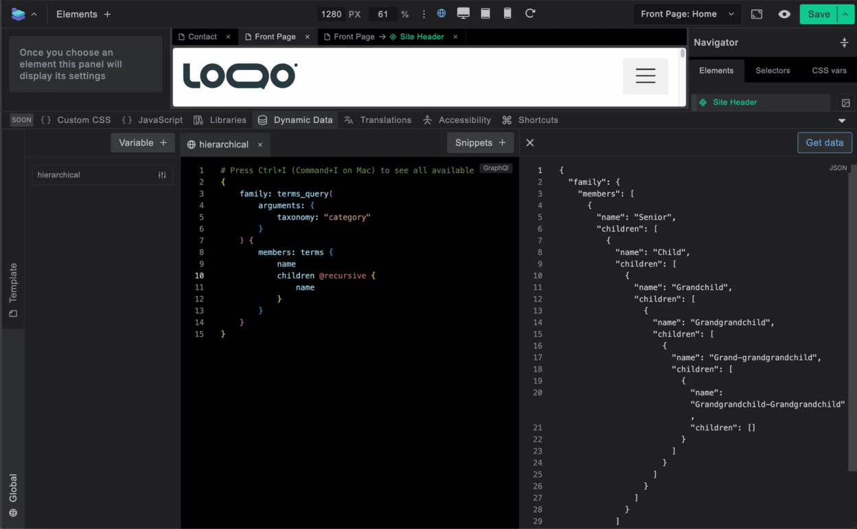Builderius GraphQL interface showing how to create a hierarchical query of unknown depth 