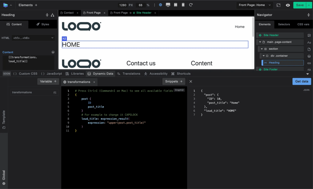 Builderius GraphQL interface showing how to transform post title case to uppercase