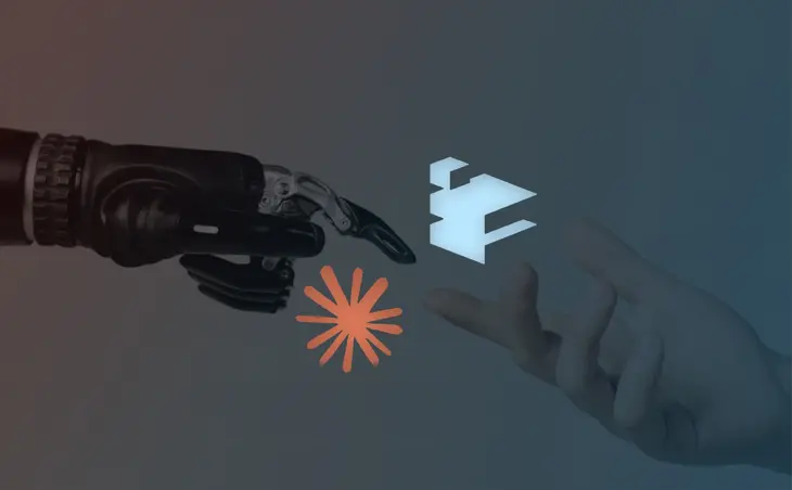 Robot and human hand, Claude AI and Builderius logos