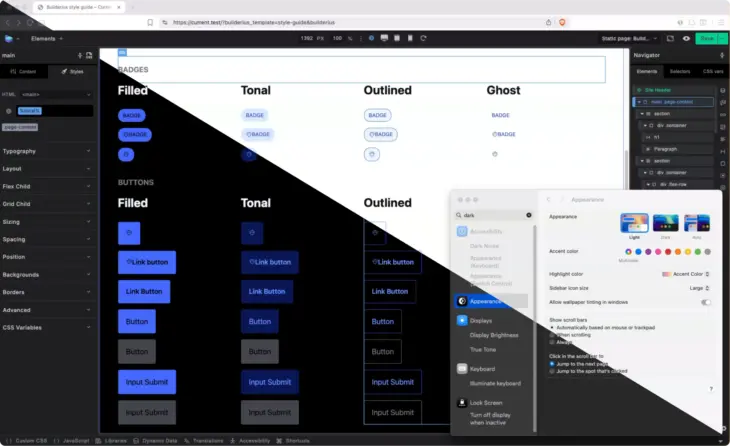 Builderius style guide page split to dark/light mode