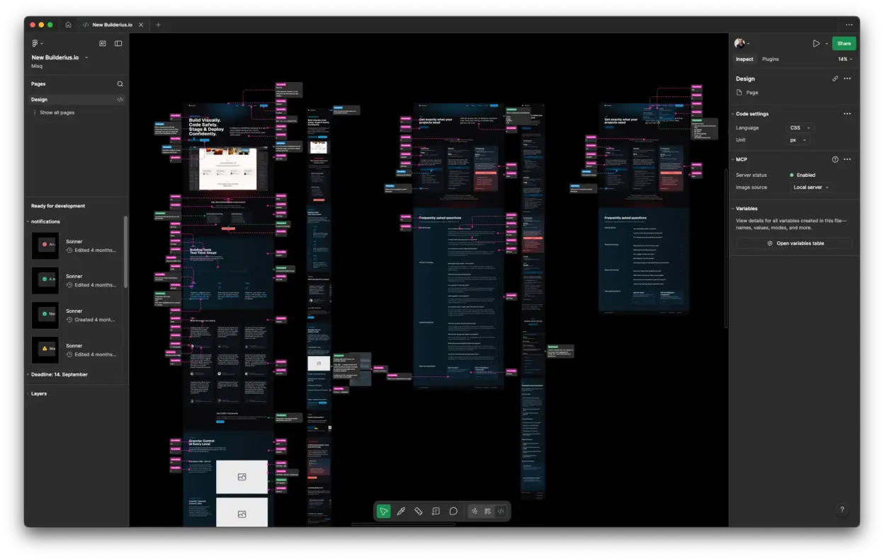 A view of Builderius design file in Figma, showing pages heavily annotated