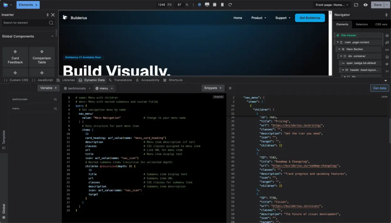 Builderius interface showing GraphQL editor with navigation menu query in view