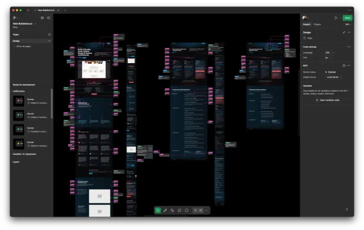 A view of Builderius design file in Figma, showing pages heavily annotated