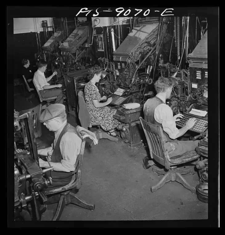 Composing room of the New York Times newspaper. Linotype operators