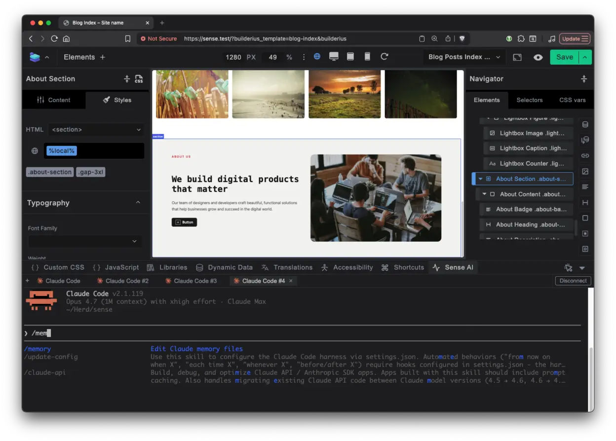 Sense AI console inside Builderius interface showing /command and available options