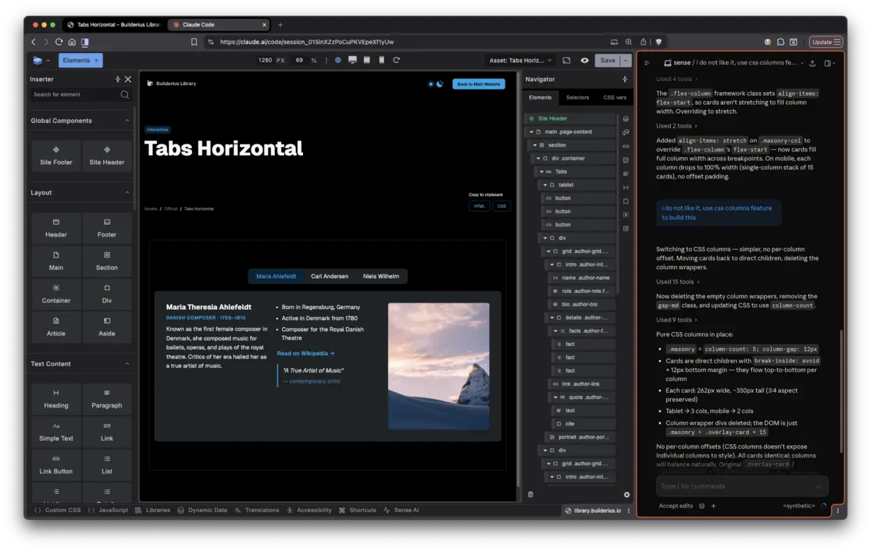 Split tabs view with Builderius in one and Claude code in another.