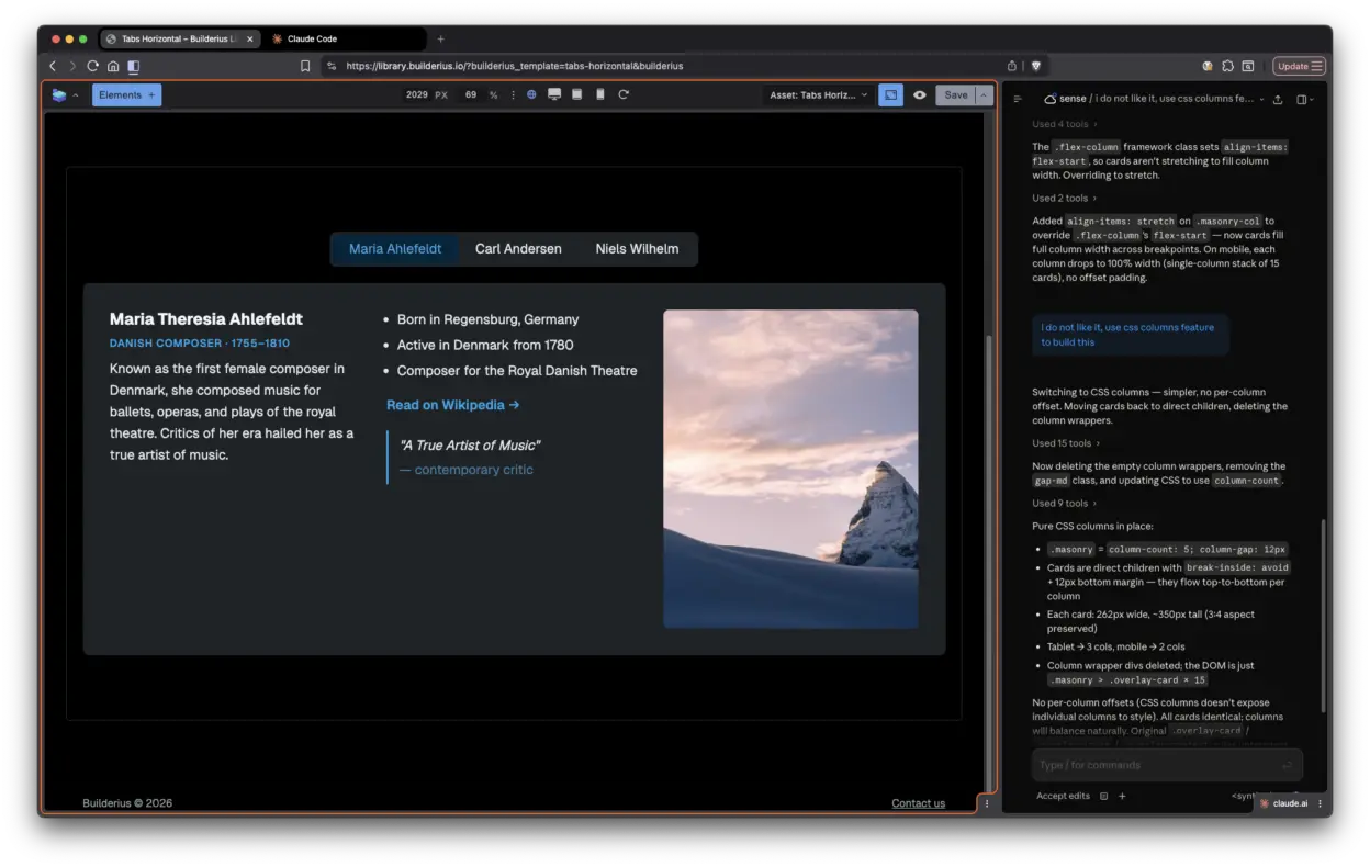 Split tabs view with Builderius (panels closed) in one and Claude code in another.