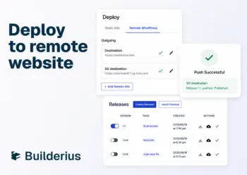 Builderius UI for remote deployment with message "Deploy to remote website"