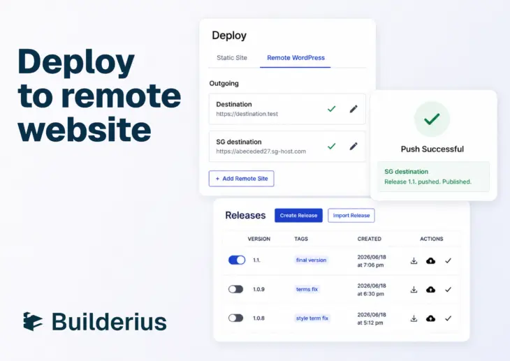 Builderius UI for remote deployment with message "Deploy to remote website"
